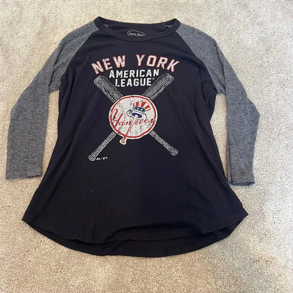 Majestic Threads Women's NY Yankees Two Tone Longsleeve Grey Black Sz L - Picture 7 of 9